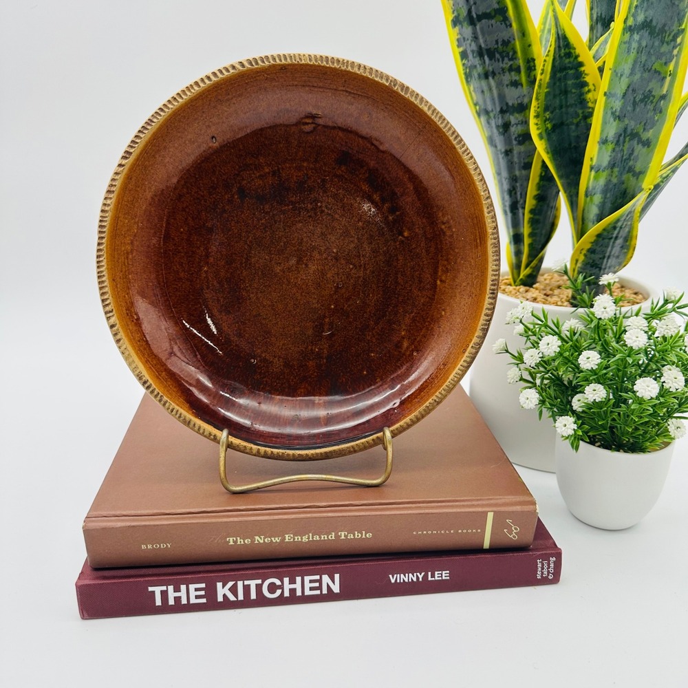 Vintage Antique Primitive Redware Pie Plate with Cog Edge Brown Glaze 9"
